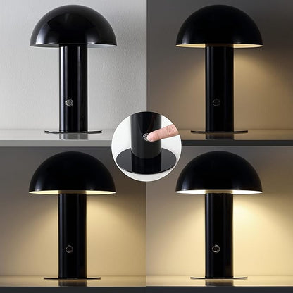 JONATHAN Y 10.75" Black Rechargeable LED Mushroom Table Lamp, Cordless Portable Bedside Lamp for Living Room Bedroom, 3-Way Dimmable Modern Iron Desk Light, Metal Shade JYL7115A
