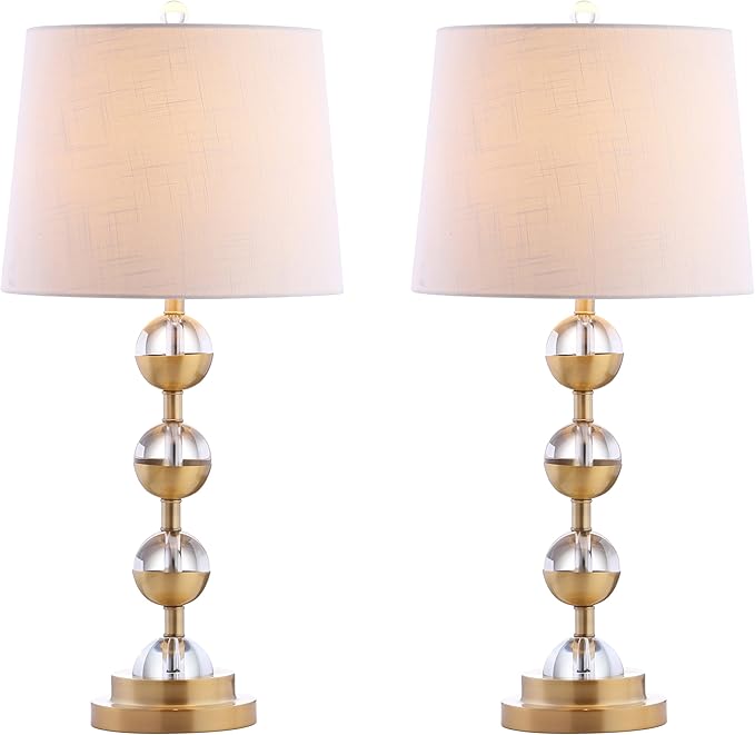 JONATHAN Y 27.5" Clear/Brass Gold Crystal LED Table Lamp Set of 2 for Bedroom, Modern Stacked Sphere Lamps for Living Room, White Linen Drum Shade, LED Bulbs Included JYL2049A-SET2