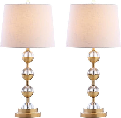 JONATHAN Y 27.5" Clear/Brass Gold Crystal LED Table Lamp Set of 2 for Bedroom, Modern Stacked Sphere Lamps for Living Room, White Linen Drum Shade, LED Bulbs Included JYL2049A-SET2