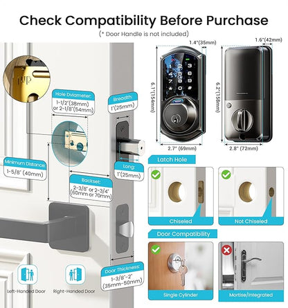 Veise VE07 Fingerprint Smart Door Lock, 7-in-1 Keyless Entry Deadbolt with App Control, Electronic Digital Touchscreen Keypad, Biometric Smart Locks for Front Door, Auto Lock, Matte Black
