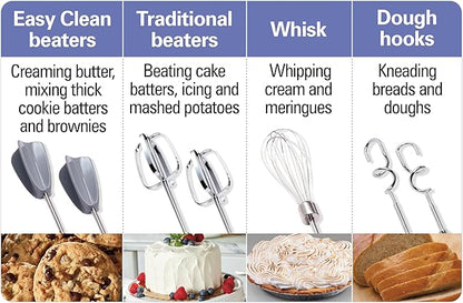 Hamilton Beach 6-Speed Electric Hand Mixer with Whisk, Dough Hooks and Easy Clean Beaters, Powerful 275 Watt Motor, Snap-On Storage Case, White