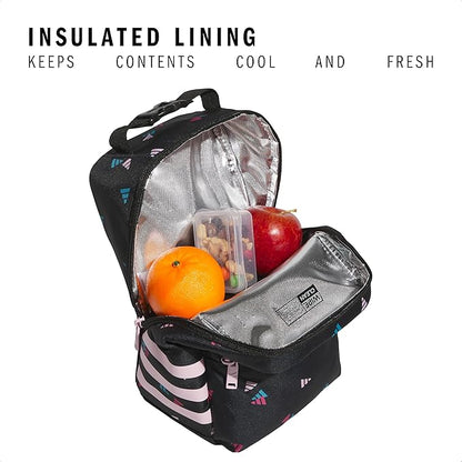 adidas Santiago Lunch Bag Cooler for Women and Men, Insulated Food Container Box with Mesh Pocket, 3 Bar Toss Black-Clear Pink/Black/Clear Pink/3.0, One Size