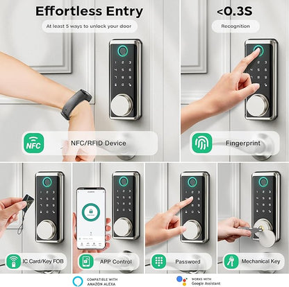 Sophia Keyless Entry Door Lock, Smart Auto Locks for Front Door & Key Fobs & Remote Control, Keypad Deadbolt Digital, Fingerprint Door Lock with Code, Cerraduras Inteligentes, IP68, Satin Nickel