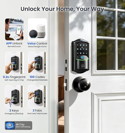 Veise VE027-K Built-in WiFi Smart Lock with 2 Knob, Fingerprint Keyless Entry Door Lock Handle Set for Front Door, App Remote Control, Electronic Digital Keypad Deadbolt, IP65 Waterproof, Matte Black