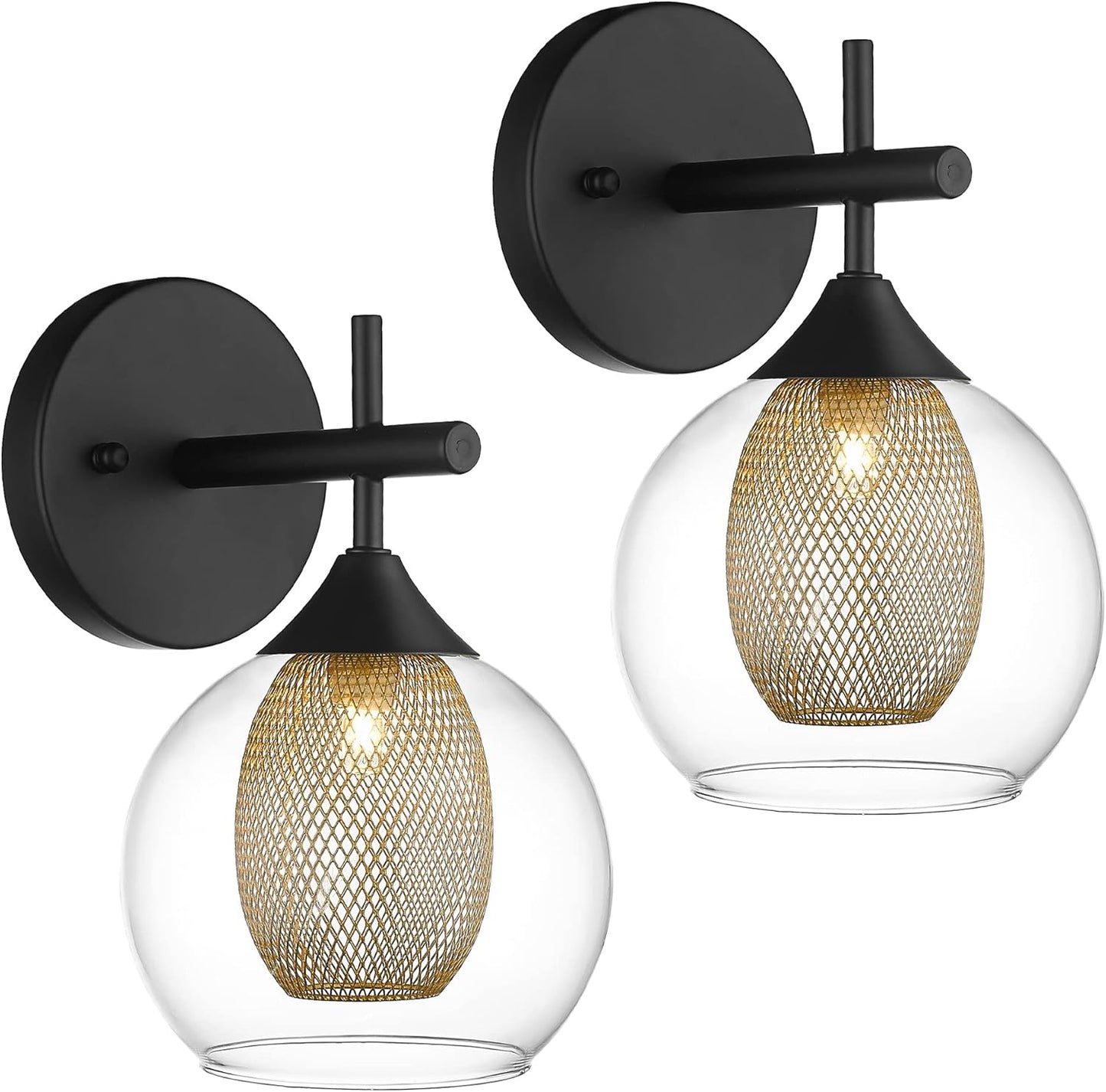 Black Wall Sconce Set of 2, Bathroom Vanity Light Fixture with Clear Glass and Honeycomb Metal Shade, Sconces Wall Lighting for Mirror Bedroom Hallway, AD-22001-1W2-BK