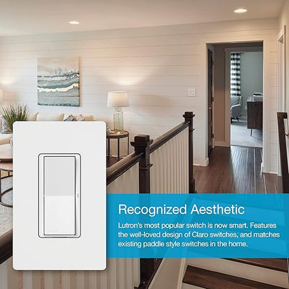Lutron Claro Smart Light Switch w/ Wall Plate for Caseta Lighting, for LED Lights, Fans, 5 Amp, Single-Pole/3-Way, Neutral Required, DVRFW-5NS-WH-A, White