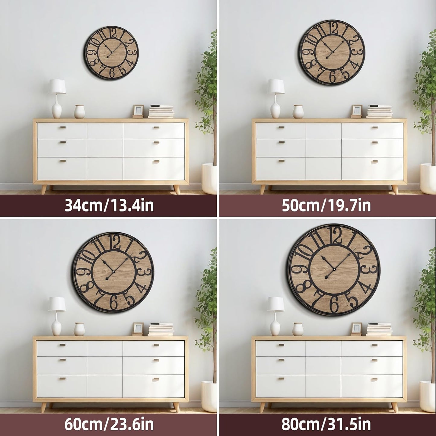 Large Wall Clock for Living Room Decor - Non-Ticking, Silent, Battery Operated Modern Vintage Wood Clock - Oversized Decorative for Bedroom, Kitchen, Farmhouse, Office