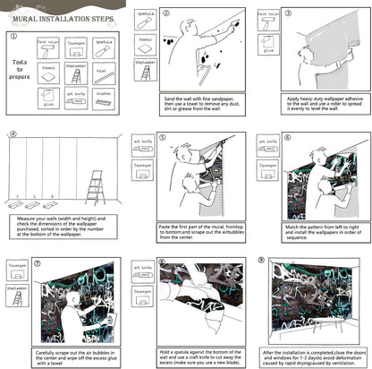 AFZEVEB-Black and White Art Graffiti Wallpaper Wall murals for Bathroom 136"x96" (Not Peel and Stick)