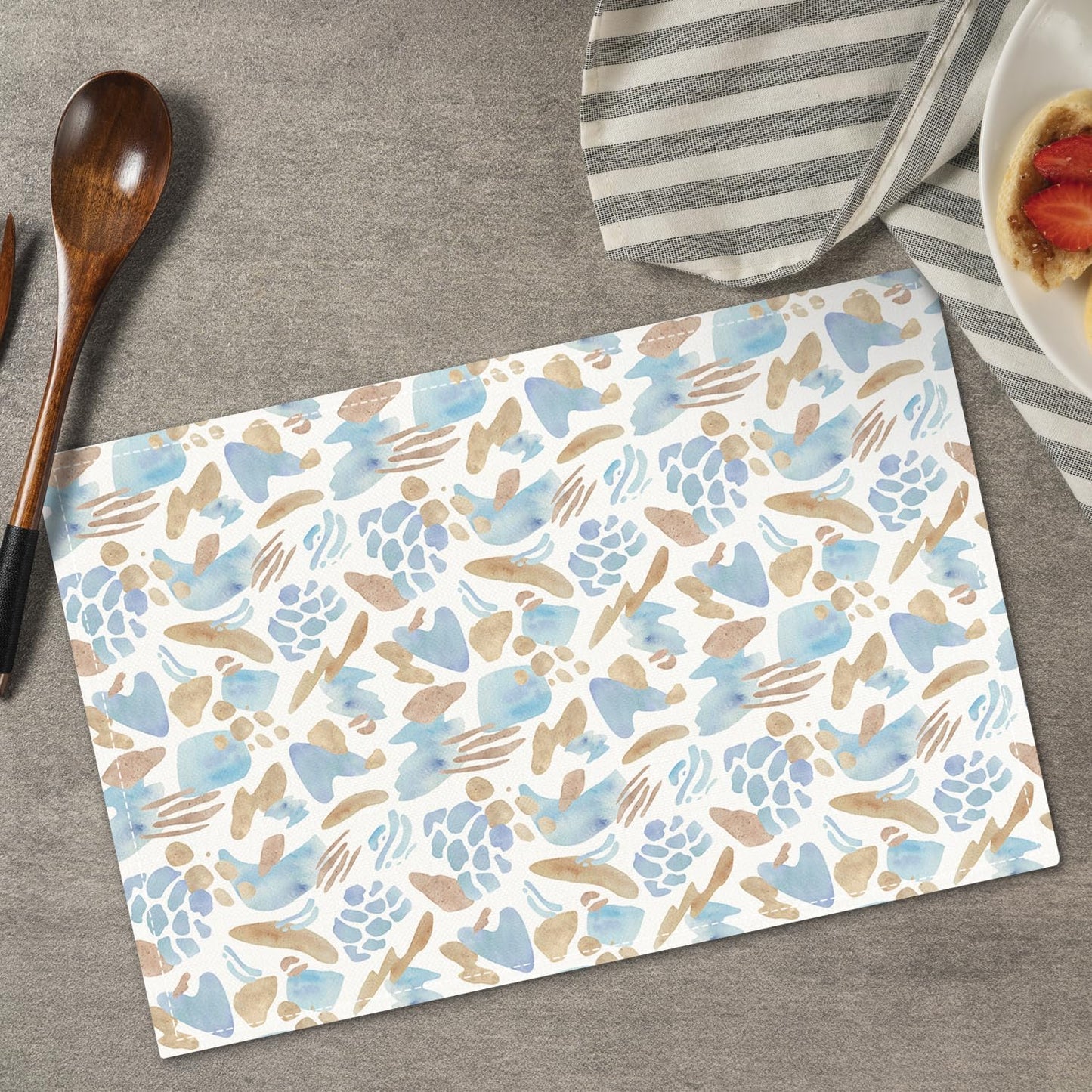 Blue and Brown Placemats Set of 4, Watercolor Table Mat for Home Kitchen, Restaurants, Outdoor Linen Washable Place Mats 12x18 inch Party Event Dining Decoration-07