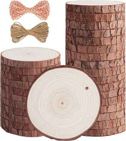 5ARTH Natural Wood Slices - 30 Pcs 3.1-3.5 inches Craft Unfinished Wood kit Predrilled with Hole Wooden Circles for Arts Wood Slices Christmas Ornaments DIY Crafts