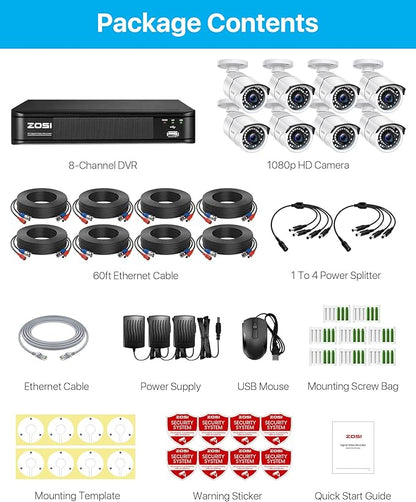 ZOSI 1080p H.265+ Security Camera System for Home, 5MP Lite 8 Channel CCTV DVR and 8 x 1080p Weatherproof Bullet Cameras Outdoor Indoor with 120ft Night Vision and 105°Wide Angle (No HDD Included)