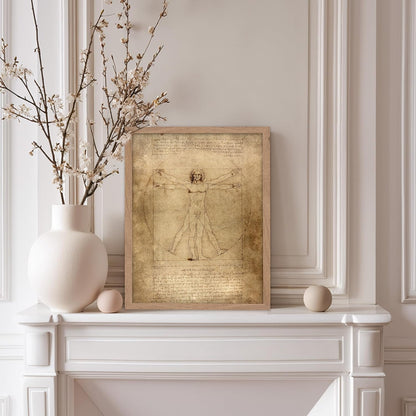 Poster Master Classic Leonardo Da Vinci Poster - Vintage Renaissance Print - Gift for Artist, Friend - Vitruvian Man, Proportion, Symmetry, Human Body - Wall Decor for Office, 8x10 Beige Framed