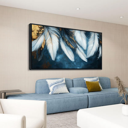 Mofutinpo Blue and Gold Wall Art Framed Navy Blue Decor for Living Room Feather Canvas Art Wall Decor, Blue Bedroom Wall Decor Above Bed Pictures, Painting - Artwork for Walls 29×58IN