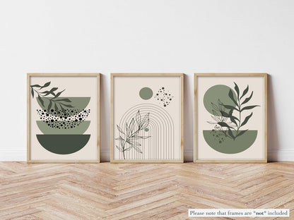 Sage Green Boho Wall Art Set of 3 Abstract Minimalist Geometric Line Poster Green Botanical Leaf Canvas Prints Modern Artwork Painting Decor for Living Room Bedroom Office 12x16 in Unframed