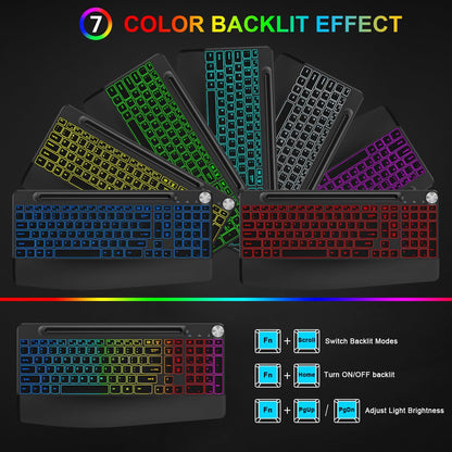 BlueFinger Wireless Keyboard and Mouse Combo Backlit, 2.4G Rechargeable Ergonomic Gaming Keyboard with Wrist Rest, Phone Holder, Volume Knob, Silent Light Up Keyboard with Mouse for Computer Laptop