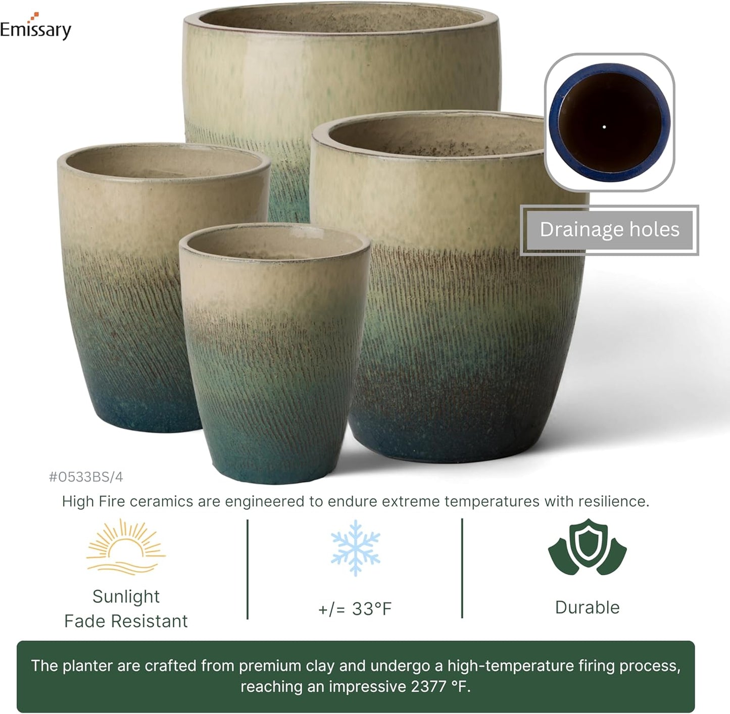 Emissary Bullet 9.5 in. Bayside Green Ceramic Round Planter (9.5 in. L x 9.5 in. W x 12 in. H) with Drainage Hole