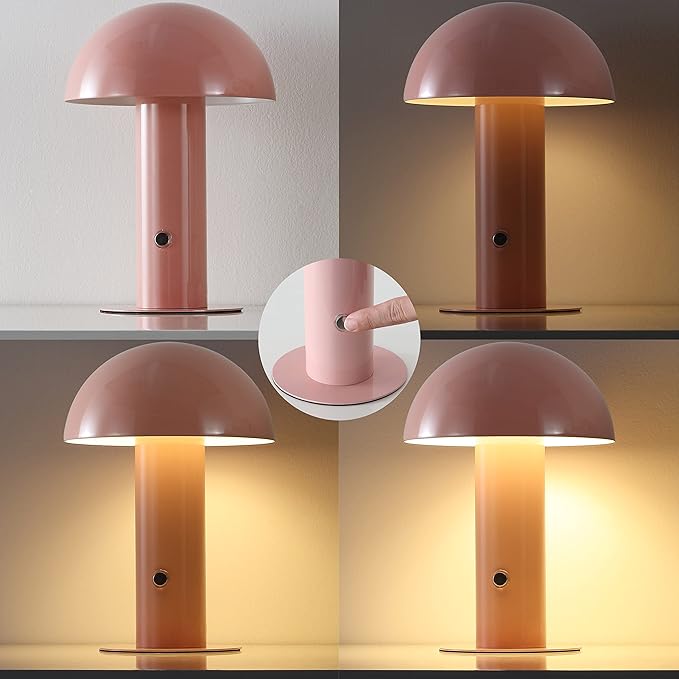 JONATHAN Y 10.75" Pink Rechargeable LED Mushroom Table Lamp, Cordless Portable Bedside Lamp for Living Room Bedroom, 3-Way Dimmable Modern Iron Desk Light, Metal Shade (JYL7115F)