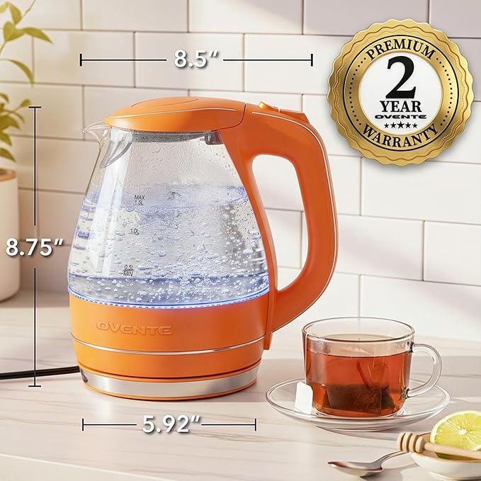 OVENTE Electric Kettle, 1.5L Borosilicate Glass Countertop Water Heater and Boiler for Coffee or Tea, BPA-Free, Auto Shut-Off, Boil-Dry Protection, Removable and Washable Spout Filter, Orange KG83O