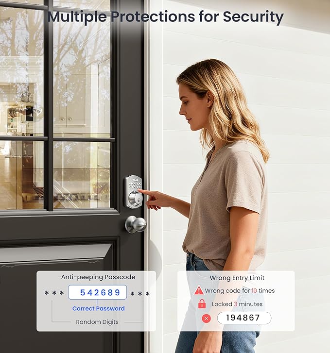 Veise Fingerprint Door Lock with 2 Knobs - Keyless Entry Door Lock with Handle, Electronic Keypad Deadbolt, Smart Front Handle Set, Auto-Locking, Waterproof, Easy Installation, Satin Nickel
