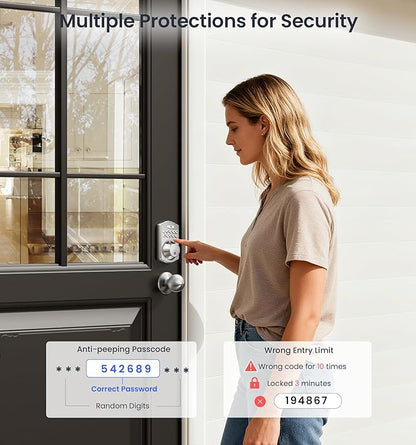 Veise Fingerprint Door Lock with 2 Knobs - Keyless Entry Door Lock with Handle, Electronic Keypad Deadbolt, Smart Front Handle Set, Auto-Locking, Waterproof, Easy Installation, Satin Nickel
