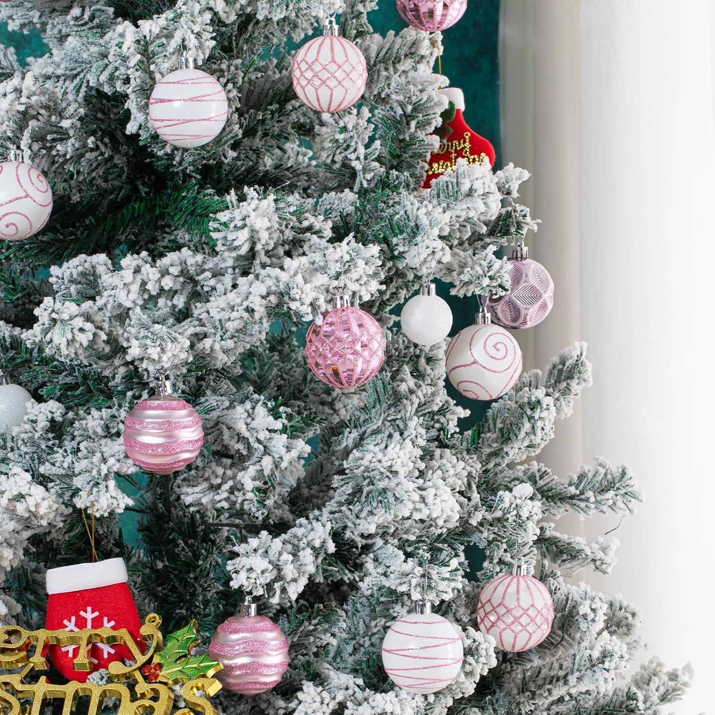 100Pcs Christmas Balls Ornaments Set, Shatterproof Christmas Decorations with Hand-held Gift Package for Xmas Tree/Holiday/Wedding/Holiday/Party Decor (Pink & White)