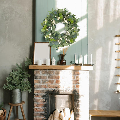 GENMOUS 24Inch Artificial Eucalyptus Wreath for Front Door, Christmas Wreaths with Ivory Berries Silver Dollar, Green Wedding Home Wall Door Hanging Decor All Seasons, Holiday Thanksgiving Halloween
