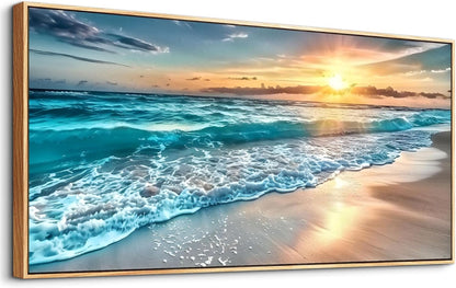 hyidecorart Large Wall Art For Living Room Wall Decor For Bedroom Office Wall Decor Wood Framed Canvas Wall Painting Blue Sea Wave Pictures Modern Beach Seascape Posters Home Decorations Artwork