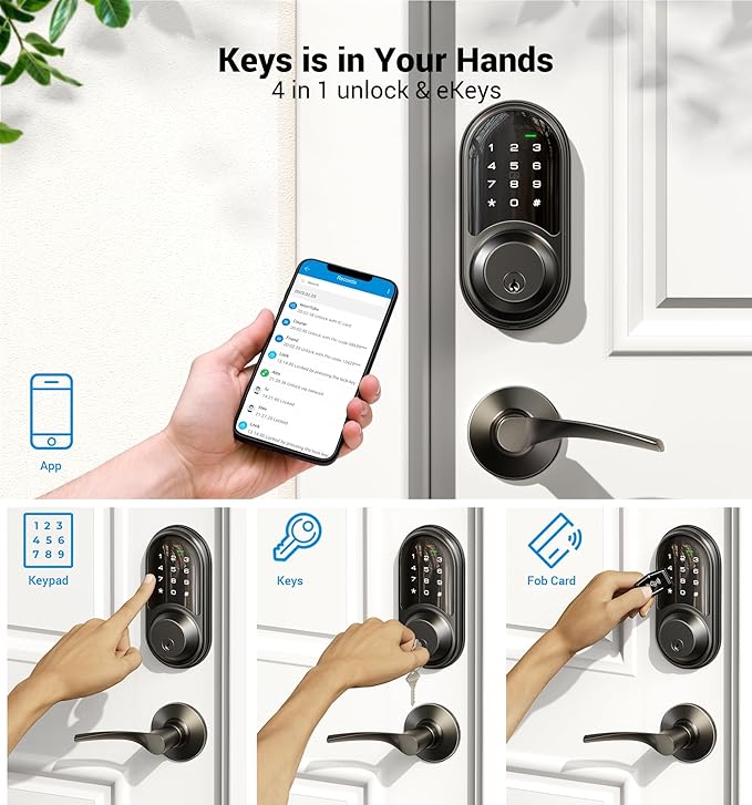 Veise RZ06B Smart Locks for Front Door, 2 Lever Handle Set, Keyless Entry Deadbolt, App Control, Electronic Digital Touchscreen Keypad, Auto Lock, IP54 Waterproof, Easy Installation, Matte Black