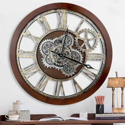 HOIBAI Large Wall Clock, 24 Inch Wall Clocks for Living Room Decor Farmhouse Vintage Rustic Kitchen Wall Decor Vintage Roman Big Oversized Wall Clock for Home Bedroom House Office, Moving Gears Clock