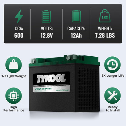 TYKOOL YIX30L-BS-STD (YTX30L-BS),650CCA, Lithium LiFePO4 Motorcycle Battery 12v,Digital Readout,Fits for BMW,Harley Davidson; ATV,UTV,Snowmobile,Compatible for Polaris,BRP (Can-Am),Arctic Cat