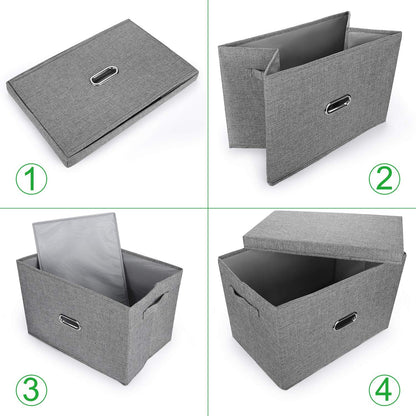 Large Linen Fabric Foldable Storage Bins with Removable Lid and Handles, Washable Storage Box Organizer Containers Baskets Cube with Cover for Bedroom,Closet,Office (Khaki, Extra Large)