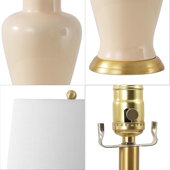 JONATHAN Y 29" Almond Traditional Ceramic Urn LED Table Lamp for Bedroom Decor, White Linen Drum Shade, Classic Nightstand Lamp for Living Room, LED Bulb Included (JYL4026D)