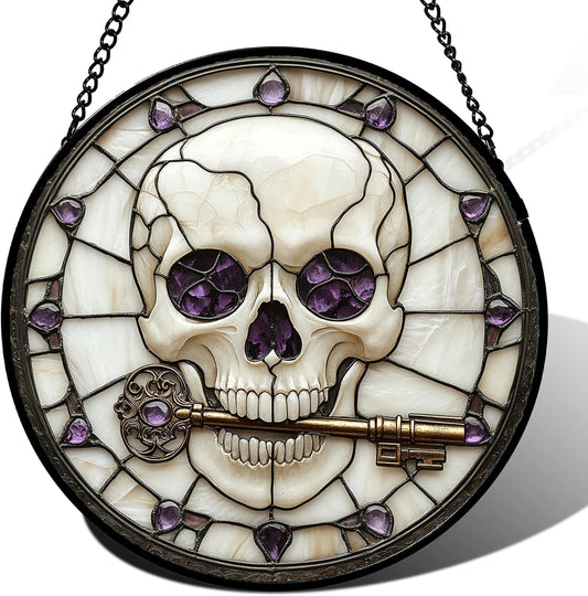Stained Glass Window Hanging - Halloween Scary Skull Suncatcher for Doors Garden Home Spooky Purple Skeleton Key Sun Catchers Gothic Decor Horror Gifts for Women Men Friend Boy Girl 15 in