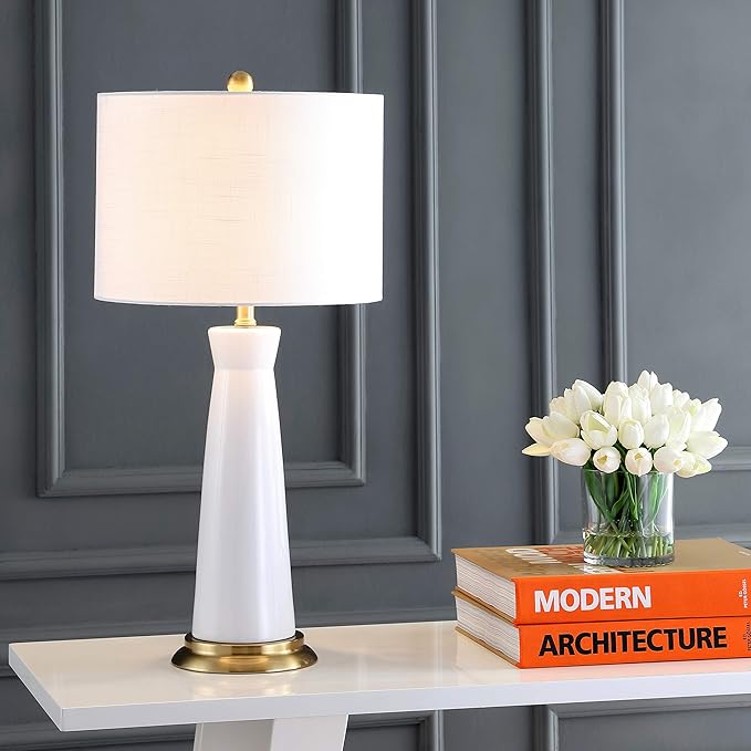 JONATHAN Y 29" White/Brass Gold Modern Ceramic Column Table Lamp with Brass Gold Base, Elegant Bedside Lamp for Living Room Bedroom Nightstand, White Linen Shade, LED Bulb Included (JYL3046B)