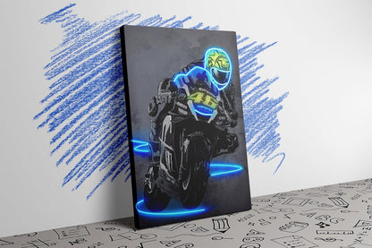 Sorventina Neon Style Blue #46 YZR-M1 Motorcycle Wall Art Posters - 16x24 Wrapped Canvas, Non-LED, Ideal Home Decor for Bedroom, Living Room, Office, Garage, or Man Cave