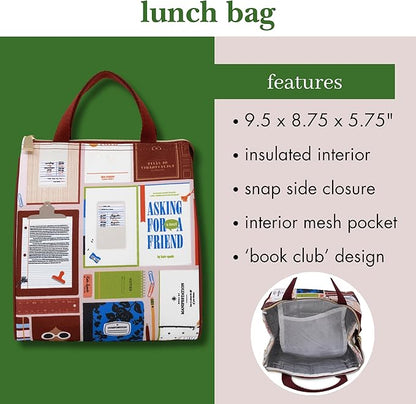 kate spade new york Cute Lunch Bag for Women, Large Capacity Lunch Tote, Adult Lunch Box with Silver Thermal Insulated Interior Lining and Storage Pocket (Book Club)
