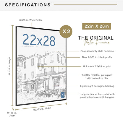 MCS Original Poster Frame 22x28 Black Lightweight Vertical & Horizontal Wall Hanging Large Picture Frame for Posters, Art Prints & Gallery Wall (2-Pack)