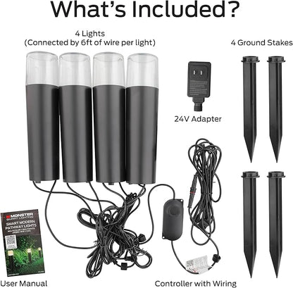 Monster Smart RGB+IC+WW Pathway LED Lights, 4 Individually Controlled Dimmable LEDs, Sound Reactive, IP44 Water & Weather Resistant, Compatible with Alexa, Siri, Google Home, Monster App, Razer Chroma