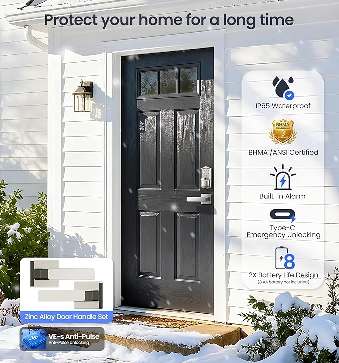 Veise VE027-L Built-in WiFi Smart Lock with Handle, Fingerprint keyless Entry Door Lock Set, App Remote & Voice Control, Electronic Deadbolt for Front Door, Touchscreen Keypad, Auto Lock, Satin Nickel