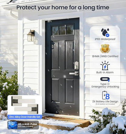 Veise VE027-L Built-in WiFi Smart Lock with Handle, Fingerprint keyless Entry Door Lock Set, App Remote & Voice Control, Electronic Deadbolt for Front Door, Touchscreen Keypad, Auto Lock, Satin Nickel