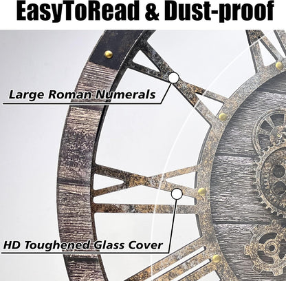 DORBOKER 36" Extra Large Wall Clock with Moving Gears, Oversized Giant Industrial Steampunk Rustic Clocks for Wall Decor Living Room Home Office, Solid Wood Retro Metal,Carbon Grey