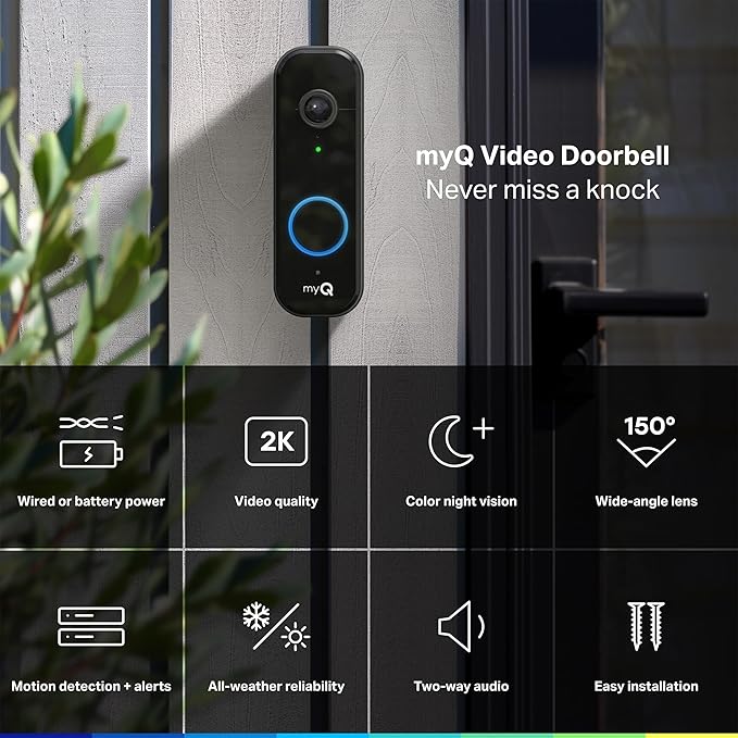 Chamberlain myQ Video Doorbell | 2K Camera, Battery/Wired, Color Night Vision, Live View with 2-Way Talk, Motion Detection & Real-Time Alerts, 150 Deg Wide View, Black