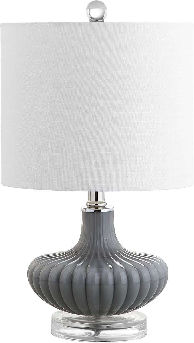 JONATHAN Y 18" Gray Fluted Glass and Lucite Table Lamp, Contemporary Teardrop Bedside Lamp with White Linen Drum Shade for Nightstand, Console Table, LED Bulb Included JYL1032A