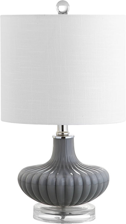 JONATHAN Y 18" Gray Fluted Glass and Lucite Table Lamp, Contemporary Teardrop Bedside Lamp with White Linen Drum Shade for Nightstand, Console Table, LED Bulb Included JYL1032A