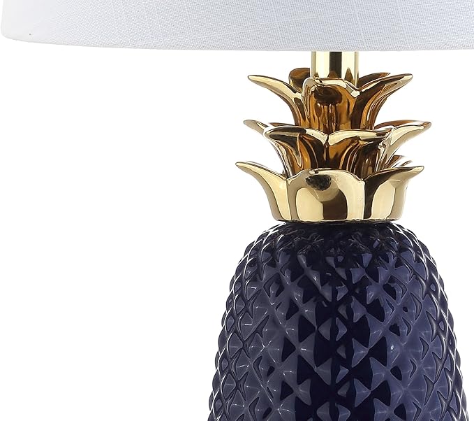 JONATHAN Y 23" Navy Blue/Gold Pineapple Ceramic Table Lamp for Bedroom Decor, Modern Whimsical Bedside Nightstand Lamp with White Linen Drum Shade and LED Bulb JYL4019A