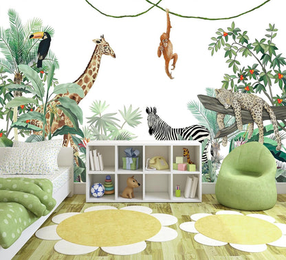 WFBHUA-Kids Safari Wallpaper Tropical Jungle Botanical Leaf Wall Mural for Nursery Boys Bedroom Girls Bedroom Playroom (Not Peel and Stick)