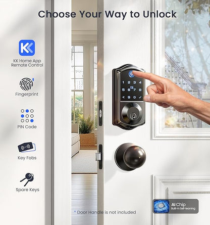 Veise VE017G Wi-Fi Keyless Entry Door Lock, App Remote & Voice Control, Fingerprint Smart Locks for Front Door, Touchscreen Electronic Keypad Deadbolt, Auto Lock, Emergency Power Port, Matte Black