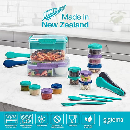 Sistema Bento Box Adult Lunch Box with 3 Compartments, 2 Removable Trays, and Salad Dressing Container, Dishwasher Safe, Color May Vary, 42 oz./1.25L Size (Pack of 4)