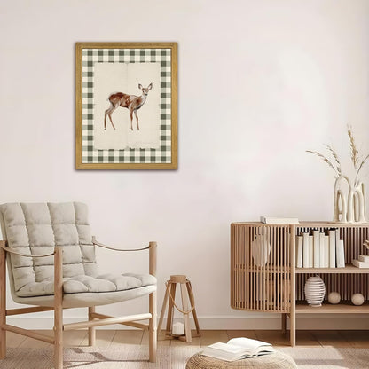 Wood Framed Deer Wall Art Print, Woodland Baby Deer Canvas Poster Wall Decor, Vintage Rustic Green Gingham Farmhouse Animal Picture for Living Room Kitchen Bedroom Nursery Decor, 12x16 inch
