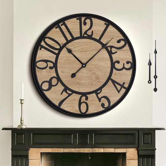 Large Wall Clock for Living Room Decor, Non Ticking Silent, Battery Operated Modern Vintage Wood Oversized Decorative Wall Clock for Bedroom Kitchen Farmhouse Office Decor